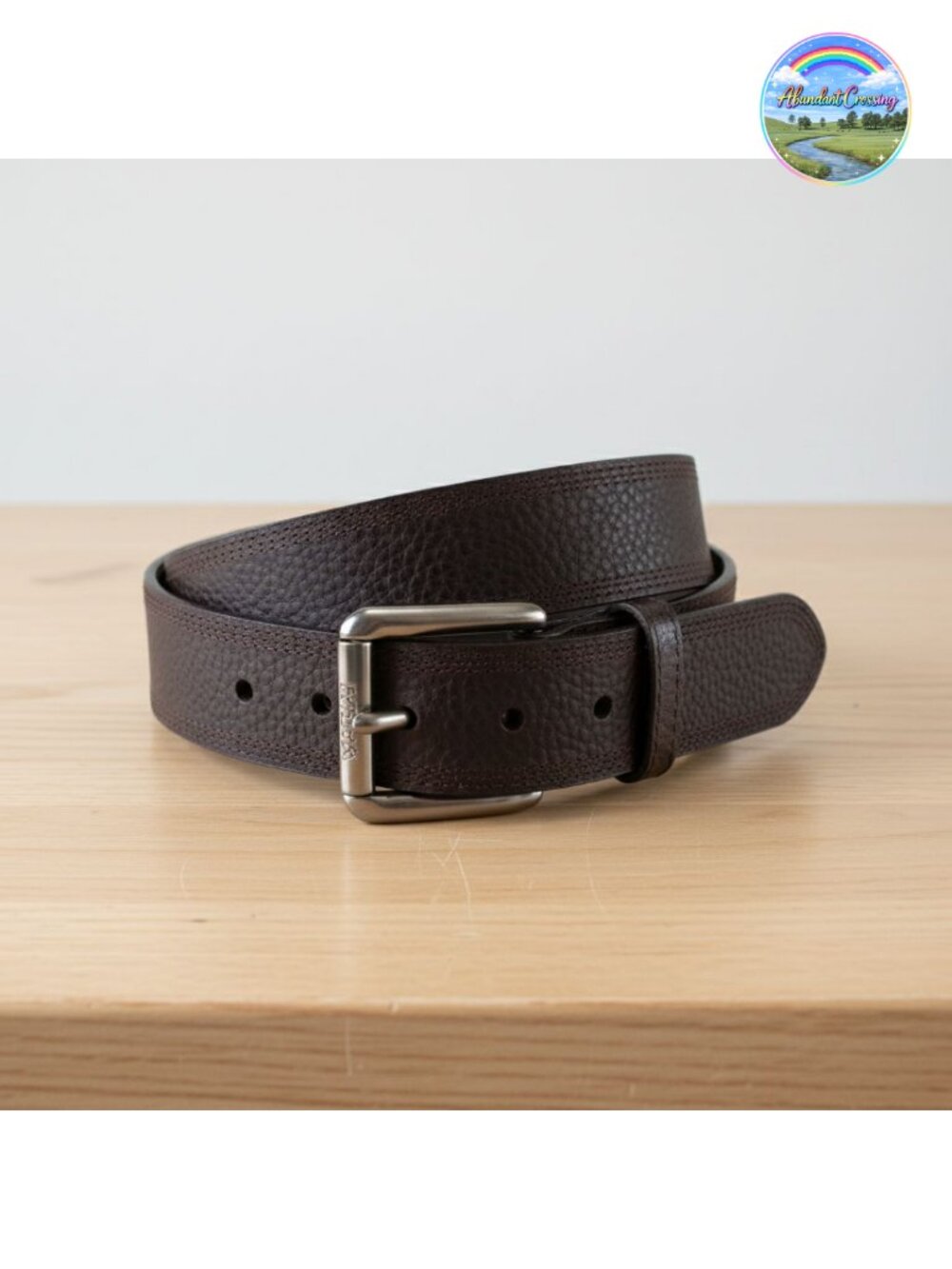 Men's Genuine Leather Western Belt Triple Row Stitch Roller Buckle